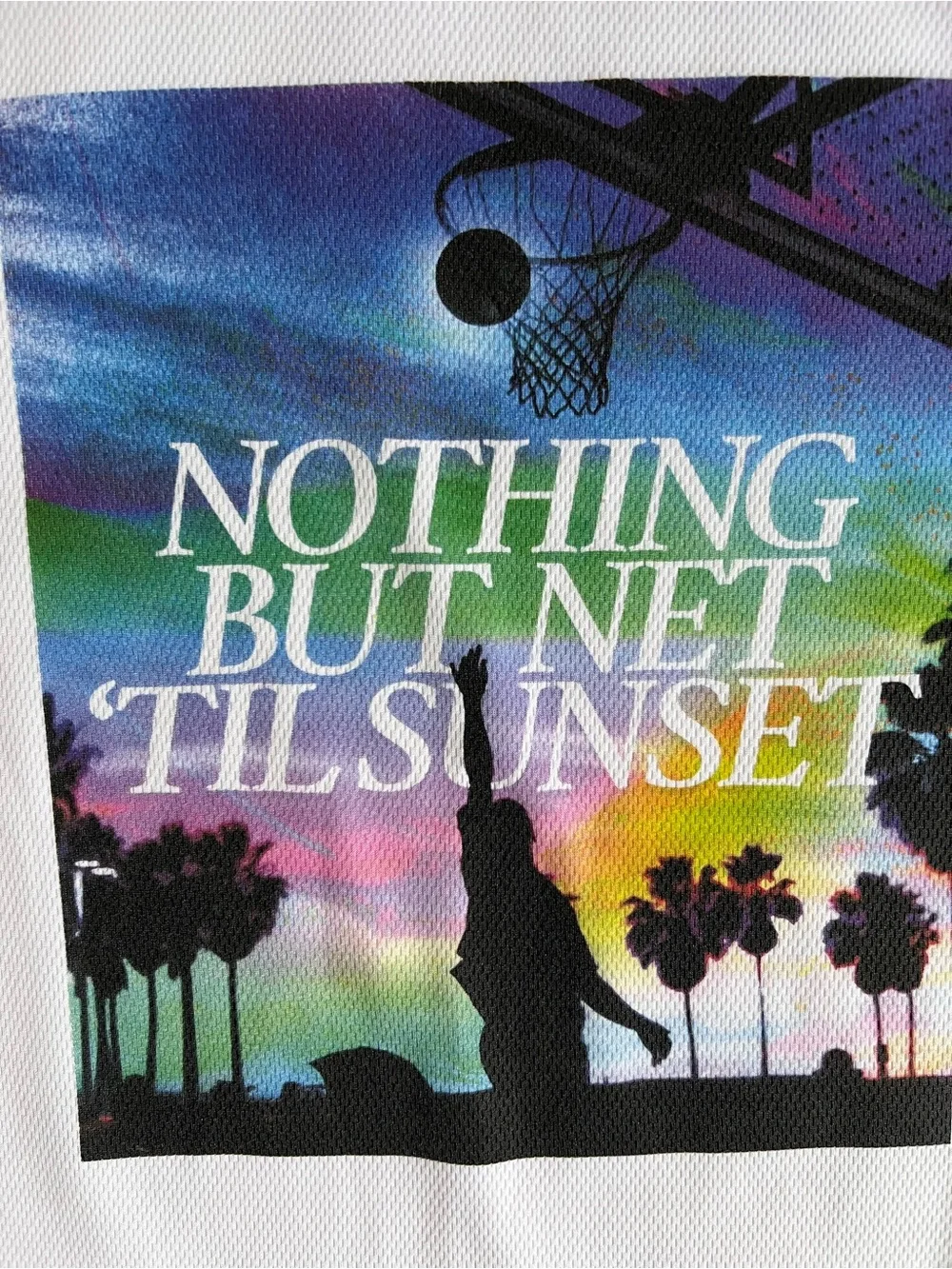 Boy’s Old Navy White Short Sleeve Tee with Multicolor Sunset Basketball Graphic